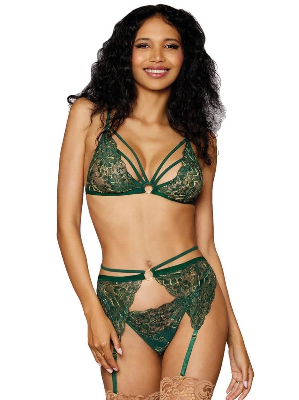 NIP Dreamgirl Metallic Corded Stretch Lace Bra, Garter Belt, & G-String Lingerie